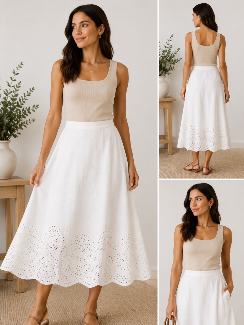 Lauren Ralph Lauren white linen blend midi skirt laser cut hem size 12p …